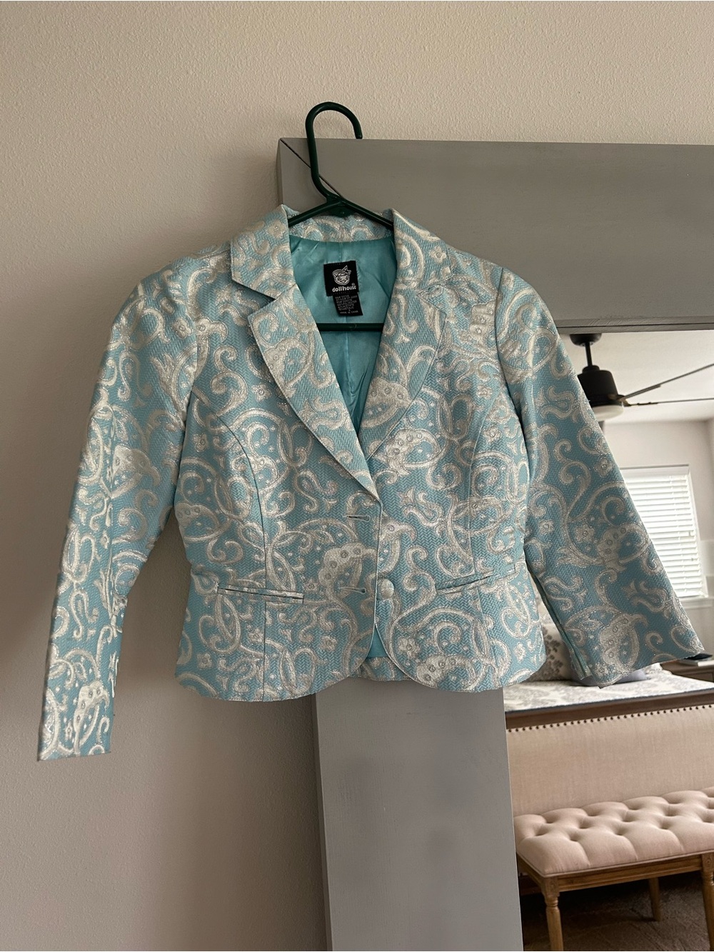 Dollhouse Light Aqua and White Paisley Brocade Blazer